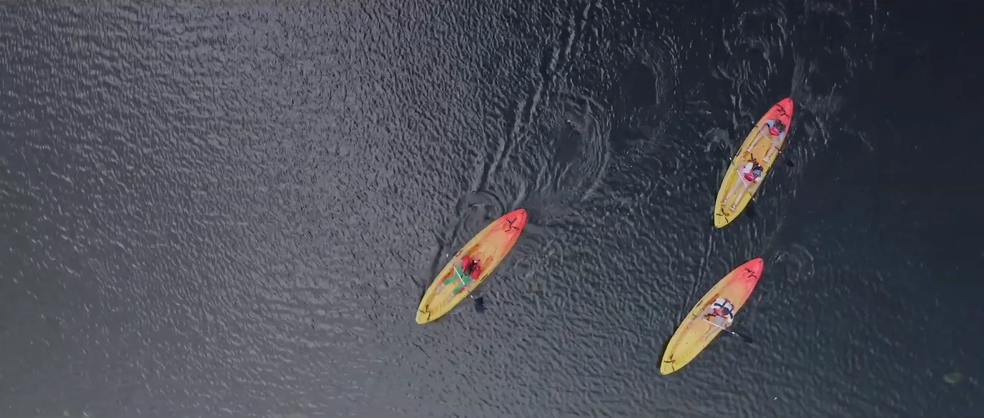 Vista aérea de três caiaques coloridos com pessoas a remar no rio